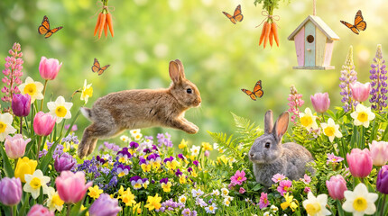 Springtime Joy: Playful Rabbits and Colorful Flowers in a Garden Wonderland