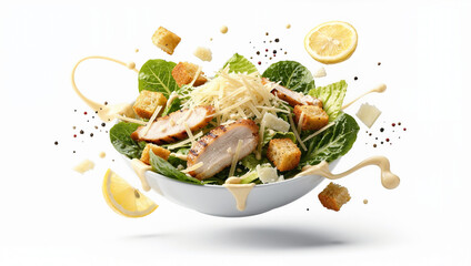 Dynamic Caesar Salad Explosion with Grilled Chicken, Cheese, Lemons, and Croutons on White Background