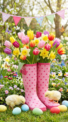 Springtime Blossoms and Chicks in Garden Boots with Easter Eggs and Butterflies