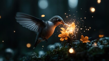 Fototapeta premium A stunning hummingbird hovers gracefully near vibrant flowers, its wings a blur, creating a magical scene filled with sparkling light and nature's breathtaking beauty.