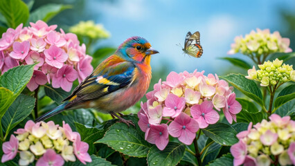 Colorful Bird and Butterfly in Vibrant Hydrangea Garden