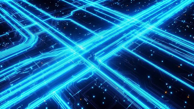 Blue neon circuit lines on dark background