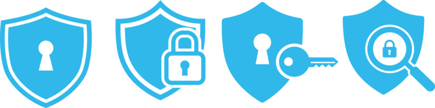 Four blue shield icons with security symbols isolated on transparent background