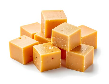 A pile of cheddar cheese cubes as pizza topping on white