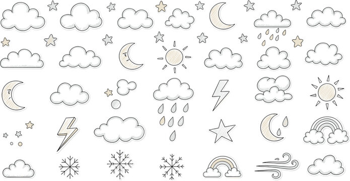 Cute hand drawn weather icon set with clouds, sun, moon, rain, snow, rainbow