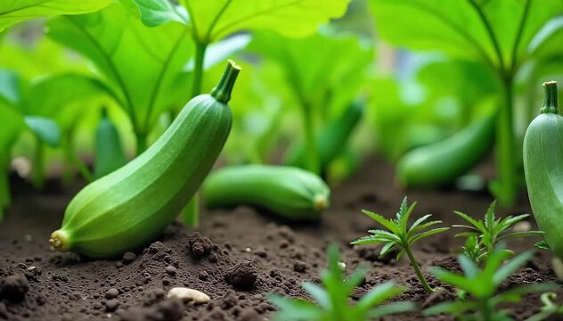 A backyard vegetable garden showing mature zucchini plants with healthy green fruits 