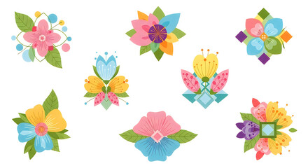 A collection of colorful stylized floral designs arranged on a white background