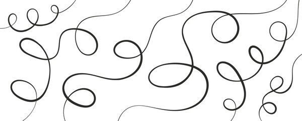 Abstract black squiggly continuous lines forming smooth loops on white background. Line cable wavy stroke