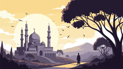 Serene Mosque Silhouette at Sunset with Flying Birds and Tree Vector Illustration