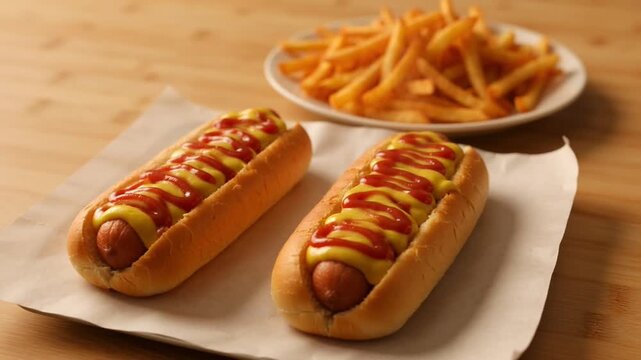 Two Classic Hot Dogs with Ketchup and Mustard and Side of French Fries