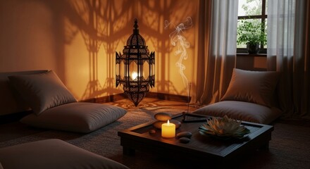 Fototapeta premium Tranquil indoor zen corner features glowing lantern cushions and peaceful meditation objects