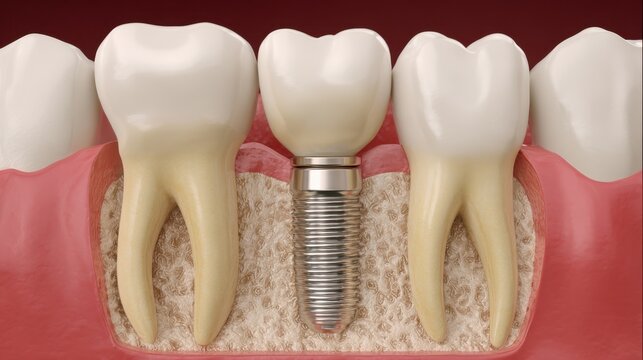 A dental implant with a crown replacing a missing tooth between two natural teeth. Concept Dental implant, Dental crown, Missing tooth replacement, Between natural teeth, Prosthodontics 