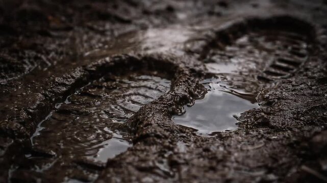Muddy Boot Print in Rain Puddle Close Up seamless loop