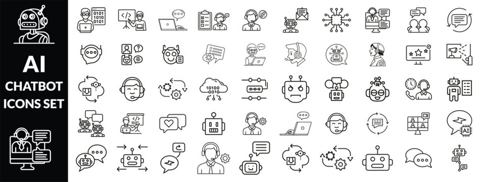 Chatbot set of web icons in line style. A collection of linear icons representing key Chatbot concepts, including a robot head with a headset, chatbot on a laptop, speech bubbles, Editable stroke