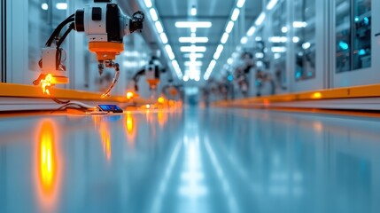 Fototapeta premium An advanced industrial setting showcases robotic arms working meticulously on a production line, symbolizing technology, innovation, and the future of manufacturing.