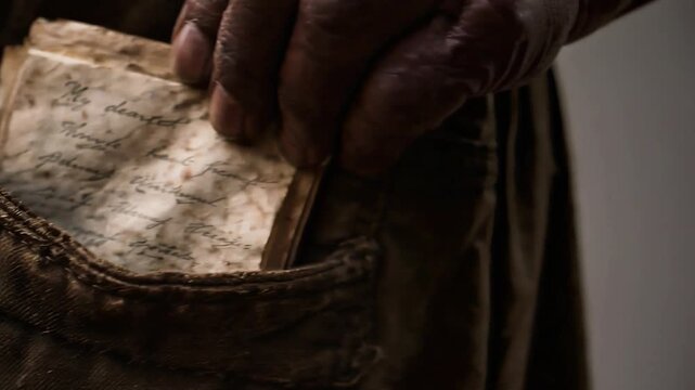 Hand Reaching Into Worn Leather Bag Close Up seamless loop