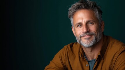 Obraz premium A charming portrait of a confident and friendly middle-aged man with grey hair, exuding warmth and approachability against a smooth dark background.