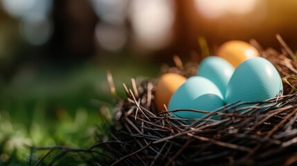 Obraz premium A charming display of colorful Easter eggs set in a natural nest, symbolizing renewal, creativity, and the joy of the Easter season in a serene outdoor setting.