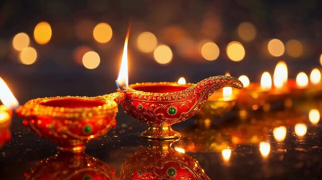 Traditional oil lamps lit in a row