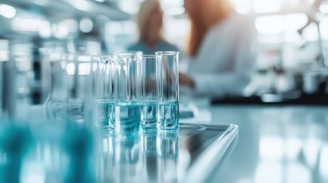A pristine laboratory setting showcases rows of glass test tubes filled with clear liquids, representing innovation, research, and the pursuit of scientific discovery.