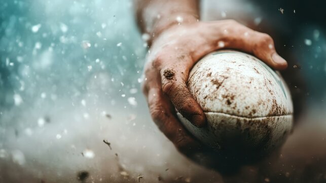 A close-up of a muddy hand gripping a rugby ball, capturing the intense energy and passion of sport as well as the struggle and grit involved in athletic competition.