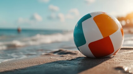 Obraz premium A brightly colored beach ball resting on sandy shores captures the joyful essence of summer fun and playfulness. The ocean waves glimmer in the background, summoning memories.