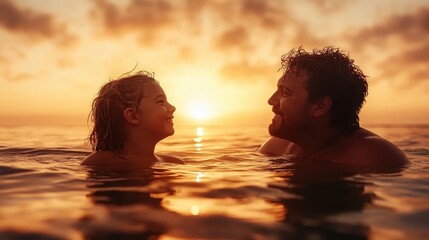Fototapeta premium A touching moment between a father and daughter smiling at each other in the ocean during sunset, representing love, happiness, and the bond of family amidst nature’s beauty.