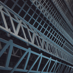 A close-up view of a modern building's steel structure