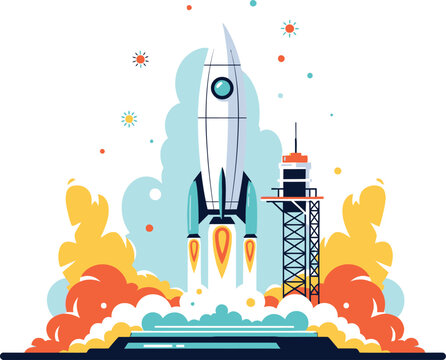 Dynamic illustration of a powerful rocket launching upwards from a launchpad amidst vibrant clouds of smoke and fire symbolizing innovation progress and the exciting journey