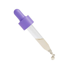 Dropper with clear liquid and purple cap, isolated on white background
