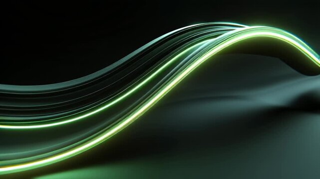 Neon Green Line Wave Built From Layered Curves On Dark Backdrop. Signal Bandwidth, Data Stream, Tech Motion.