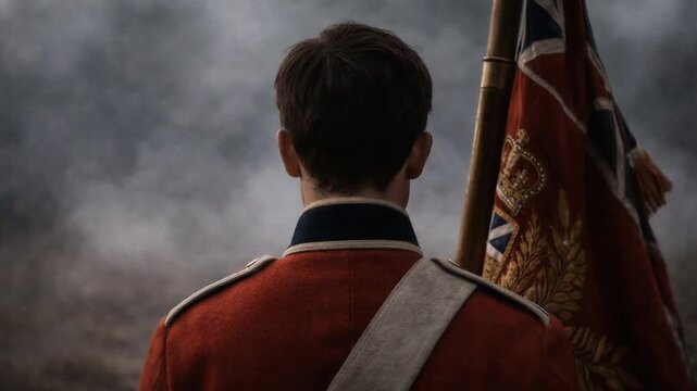 Rear View of Redcoat Soldier Holding Battle Standard seamless loop