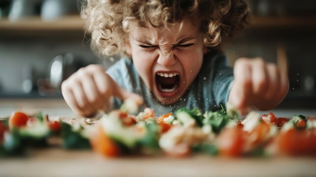 A young child with curly hair passionately reacts, showcasing a whirlwind of emotions against a backdrop of scattered vegetables on a kitchen table, capturing raw, genuine feelings.
