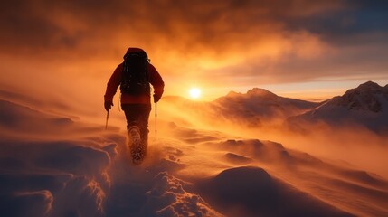 A silhouetted hiker climbs a snow-covered mountain during a stunning sunset, embodying the spirit of adventure and the awe-inspiring beauty of mother nature's grandeur.