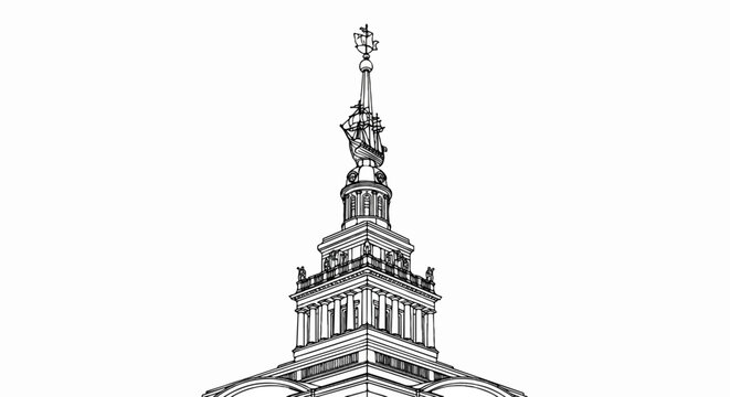 Ornate spire topped with a ship and a globe, detailed architectural drawing