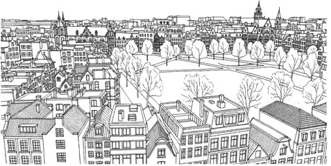 Fototapeta premium Overhead sketch of an urban landscape with buildings and a park