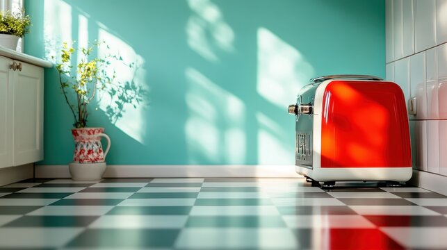 A striking retro-style red toaster sits against a bright turquoise wall, creating a bold and playful atmosphere that embodies modern kitchen aesthetics.