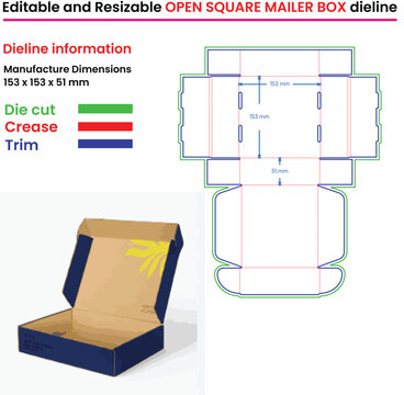 Open square mailer box dieline and sample with dimensions and cut lines