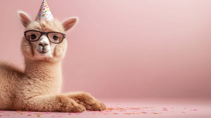 Fototapeta premium A cute llama wearing glasses and a party hat surrounded by confetti on a pink background, capturing the joyful spirit of celebration and whimsy.