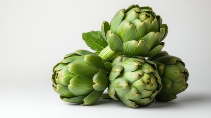 Obraz premium A beautiful arrangement of fresh green artichokes showcasing their intricate textures and shapes, perfect for culinary and food-related themes in stock photography.