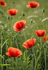 Obraz premium Field of red flowers in the grass.