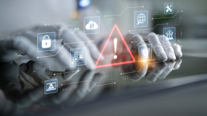 Exclamation alert symbol in digital system network reflecting AI threat, virus, and risk detection....