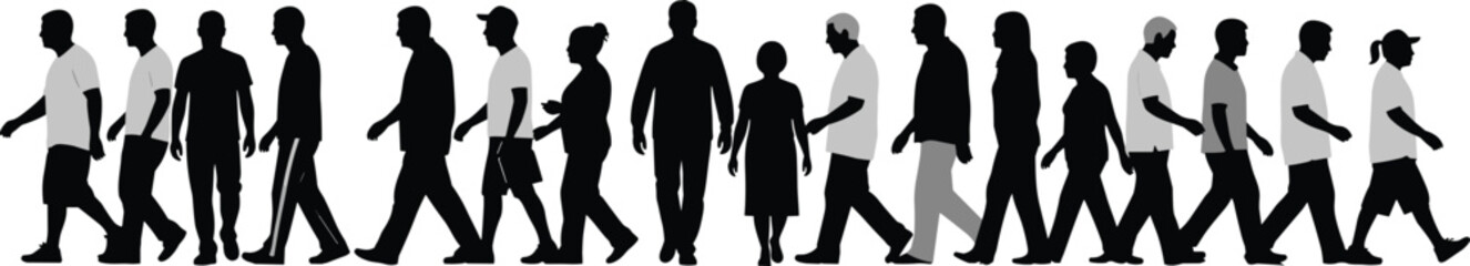 Walking people silhouette crowd showing diverse men women and ages in side view, symbolizing society, population movement and daily urban lifestyle isolated on white background
