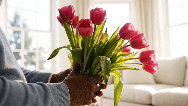 Elderly hands holding vibrant bouquet pink tulips indoors. Symbolic gesture International Women's Day or Mother's Day, expressing love and gratitude. Ideal for holiday greetings and social media.