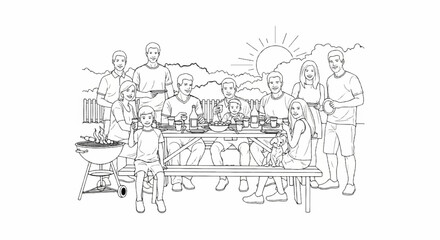 Obraz premium Outdoor family gathering with a barbecue and picnic table under the sun