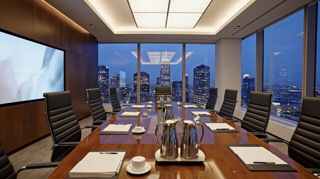 Modern Corporate Boardroom with City Skyline View at Dusk.