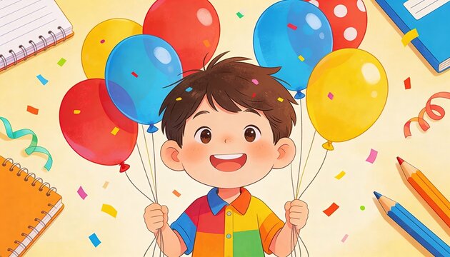 Happy boy holding colorful balloons with confetti, notebooks, and pencils. Celebration concept for child birthday or school party.
