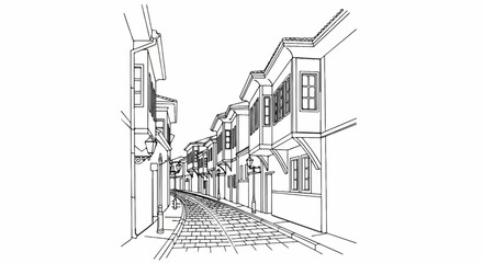 Narrow cobblestone street lined with traditional, multi-story houses