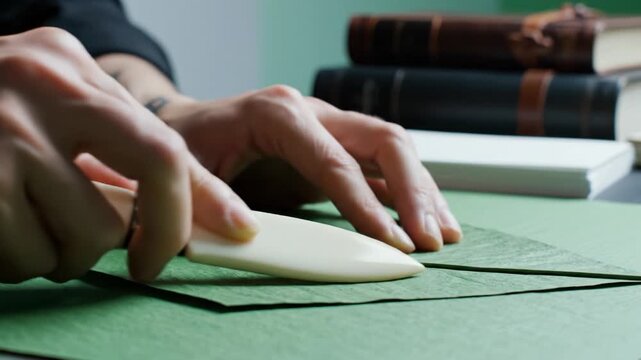 Female artisan hands use a bone folder to crease green paper. This depicts meticulous craftsmanship and creative empowerment. Perfect for DIY tutorials and small business promotion.