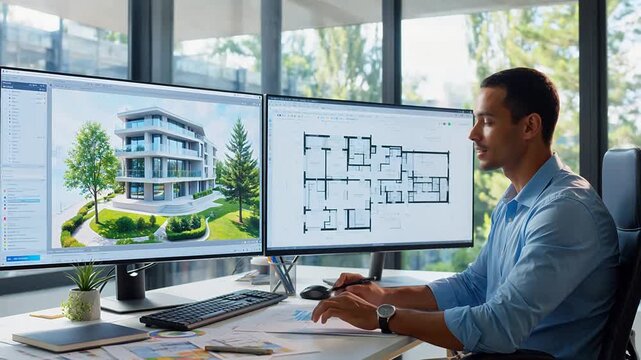 Man working on building design at desk